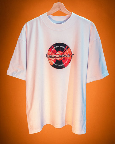 White Secret Anime Club t-shirt with a red and black logo on an orange background