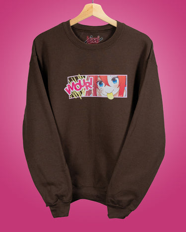 Brown sweatshirt with cute anime character eating a potato chip graphic on a pink background