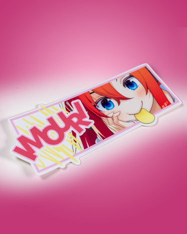 Cute anime-style character eating a potato chip sticker with 'Imouri!' text on a pink background