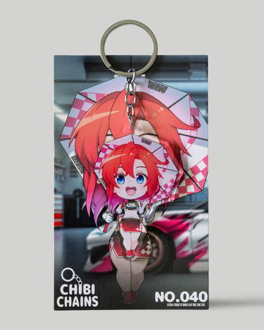 Anime character JDM keychain on a display card with 'Chibi Chains' branding.