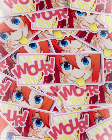 Cute bunch of anime-style character eating a potato chip sticker with 'Imouri!' text on a pink background