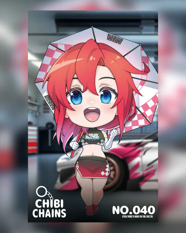 Chibi-style character with red hair and blue eyes holding a checkered umbrella, with 'Chibi Chains' branding.